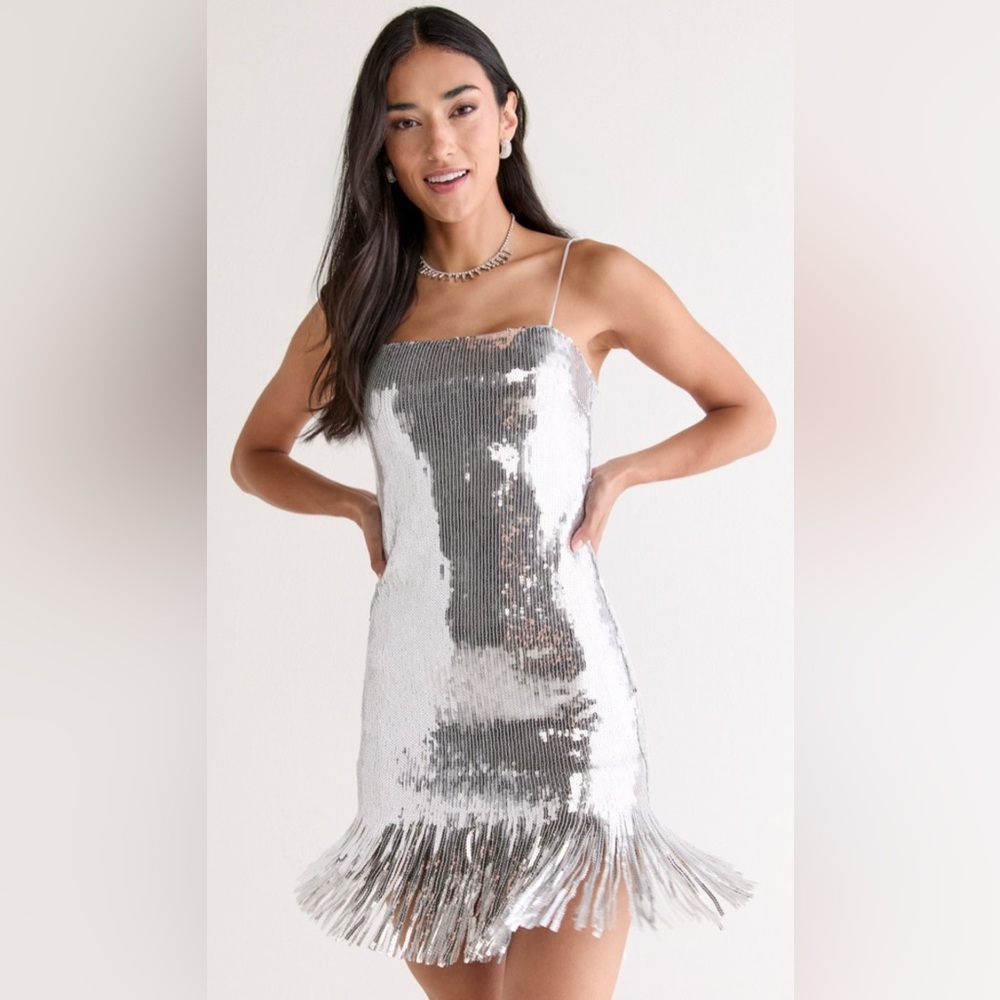 Silver Sequin Fringe Mini Dress